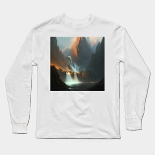 Cascading Shadows: A Majestic Mountain Waterfall Long Sleeve T-Shirt